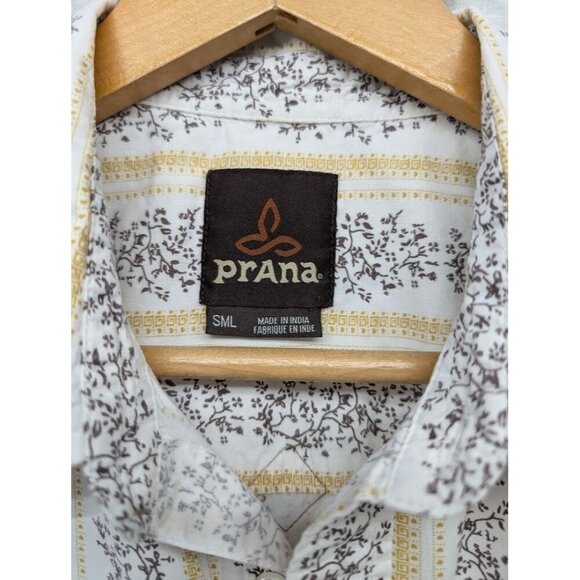 Prana men's small short sleeve brown floral on white button up shirt K9 - Picture 2 of 9